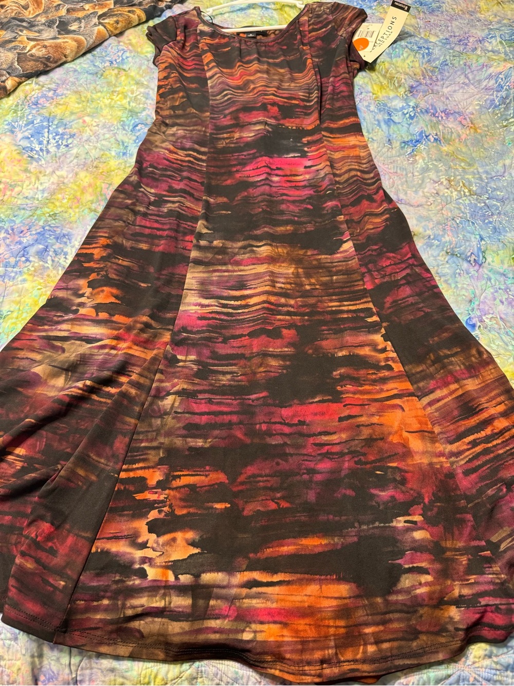 New, Midi A-Line Dress in Black with Orange, brown and red. Medium
